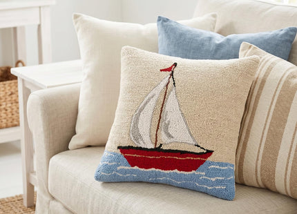 Sailboat Wool Hook Pillow for Lake or Beach House by The Pillow Shoppe, 16" Square