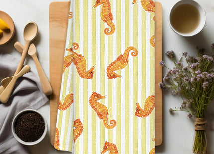 KRHFG Coastal Ocean Seahorse Hand Towels for Bathroom, Kids Bathroom Decor, Coastal Beach Kitchen Towels, Yellow Striped Nautical Seahorse Dish Towel Drying Cloth for Kitchen, 16x24 Inch