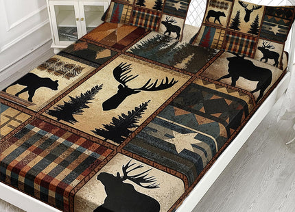 AILONEN Deer Hunting Fitted Sheet Set Twin XL Size,Rustic Cabin Bedding Sets,Black Bear & Deer Antler Plaid Fitted Sheet with 2 Pillowcases,3 Pieces