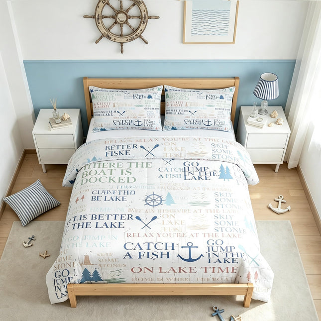Lake House Comforter Set Twin Size,Boating Nautical Anchor Bedding Set 2pcs for Kids Teens Adult Room Decor,Outdoor Adventure Bedspread Lake House Style Quilted Duvet with 1 Pillowcase,White