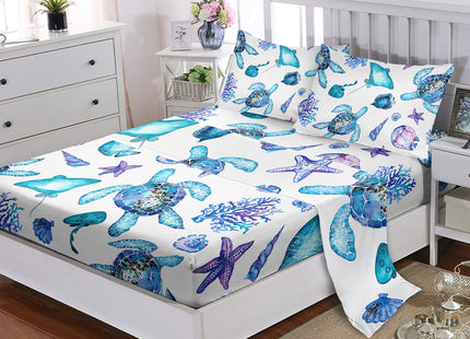 XYNHML Blue Sea Turtle Sheet 4Pcs Twin Ocean Coral Starfish Shell Fish Bedding Set for Kid Teen Girl Boy Adult Bed Decor Conch Manta Ray Bedspread with 1 Flat Sheet and 1 Fitted Sheet+2 Pillowcases