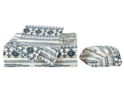 Chezmoi Collection 4-Piece Southwestern Tribal Lodge Bed Sheet Set, Queen Size - Ivory Navy Brown Red Printed Microfiber Soft Breathable Deep Pocket Sheets and Pillowcases Set