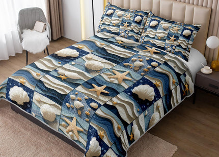 QOOMO Coastal Quilt Set Full Queen Size, 3 Pieces Summer Seashell Starfish Printed Bedspreads Coverlet Set, Soft Microfiber Lightweight Beach Nautical Bedding Set with 2 Pillowcases for All Season