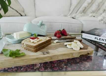 Creative Co-Op Stoneware Whale Butter Dish with Embossed Wave Detail, Aqua Finish