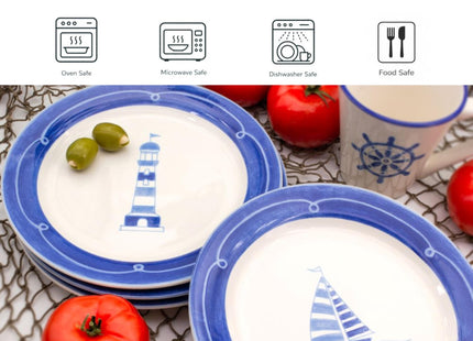 Euro Ceramica Ahoy Collection Nautical 8.7" Ceramic Salad/Dessert Plates, Set of 4, Assorted Designs, Blue & White