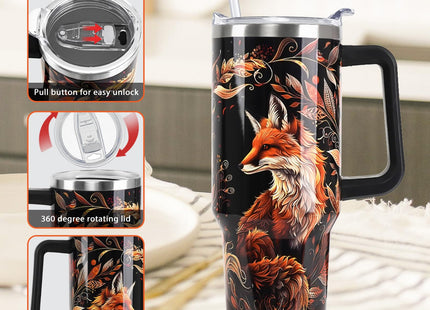 Nqhsionv Fox Tumbler with Handle and Straw 40 oz Fall Foxes Mandala Cup Coffee Travel Mug Stainless Steel Insulated Water Bottle Fox Stuff Lovers Fall Autumn Decor Gifts for Women