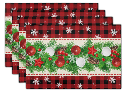 Christmas Placemats Set of 4 - Xmas Bells Place Mat 12x18 Inch Buffalo Plaid Pinecone Table Mat for Party Kitchen Dining Home Holiday Party Decor