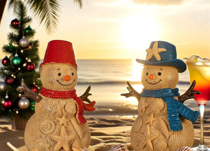 Moucuny 2 Pieces Christmas Beach Snowman Decorations Christmas Resin Sandbeach Snowman Figurine with Starfish Beach Bucket Scarf Table Decor for Holiday Kitchen Home