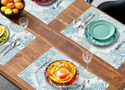 Nautical Coastal Blue Placemats Set of 4 Summer Teal Turquoise Beach Theme Linen Table Mats Ocean Coral Seashell Starfish Decorative Place Mats for Party Kitchen Dining Outdoor Indoor Decor