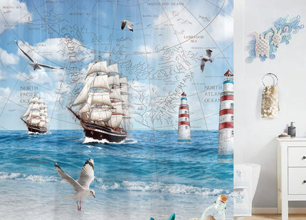 Jipusai Nautical Coastal Shower Curtain, Lighthouse Ocean Beach Shower Curtains for Bathroom, Seashell Starfish Sailboat Beach Theme Fabric Waterproof Bath Curtain Decor with Hooks,60X70IN Blue