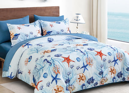 Coastal King Size Comforter Set,Beach Themed Sand Dollor & Starfish
