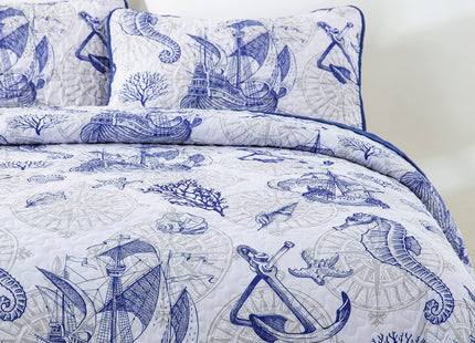 DJY Ocean Coastal Quilt Queen Size, 3 Pcs Seahorse Bedspread Bedding Set