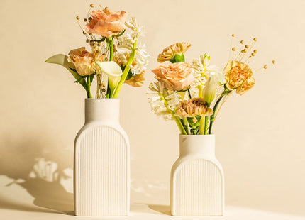 Home Habitat Ceramic Ribbed Vases - 2 Piece Set, Small and Large Vase, Bottle Flower Planter Set. Scandi Style Home Decor. Neutral Cream Home Decor, Coastal Decor for Home, Centerpiece for Table