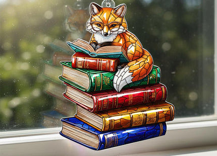 Reading Fox Suncatcher Ornamen for Autumn Decor, Fox Gifts for Women