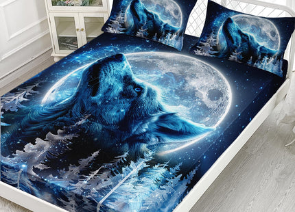 AILONEN Boys Wolf Fitted Sheet Set Full, Blue Starry Moon Bed Sheet for Kids Teen, Ice Howling Forest Printed Wildlife Soft Sheet With 2 Pillowcases, 3Pcs