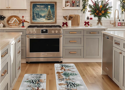Baccessor Christmas Winter Kitchen Rugs Set of 2, Snowy Pine Tree Deer Cardinal Snowflakes Kitchen Mats Washable Non Slip Rubber Backing Xmas Farmhouse Home Floor Holiday Indoor Laundry Decor