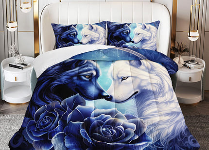 OUIXOTIC Wolf Print Comforter Set Queen Size,White and Dark Blue Wolf in Flowers Duvet Set, Forest Animals Printed Quilte Set for Girls Boys Adult,with 1 Comforter and 2 Pillow Case