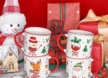 YHRJWN Christmas Mugs Set of 4, Festive Design Coffee Mugs with Santa Snowman Reindeer, Holiday Mugs for Hot Cocoa, Gifts for Family Friends, Holiday Decor, 13 Oz