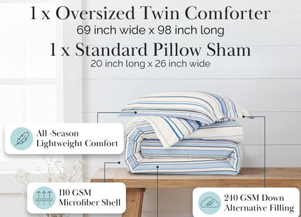 Twin XL Coastal Comforter Set w/ 1 Pillow Sham, Coastal Stripe Blue Bedding
