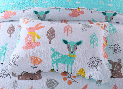 Queen Linens 100% Cotton 2 Piece Kids Quilt Bedspread Comforter Set Throw Blanket for Teens Boys Girls Kids Beds Bedding Coverlet Teal Blue Forest Deer (Twin)