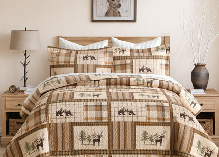 100% Cotton Rustic Cabin Bear Moose Quilt Set, Neutral Brown, Queen 90"x98"