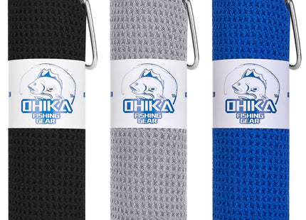 OHIKA Microfiber Fishing Towels with Clip, Waffle Pattern for Effective Cleaning of Fishing Gears or Dirty Hands, 16” x 16”, Camping Towels, Hiking Towels, Pack of 3 (Black/Grey/Blue)