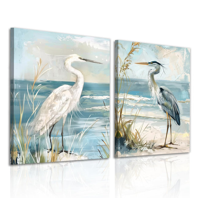 OAAPITI Coastal Heron Wall Art 2 Panel Beach Bird Canvas Set Seaside Wildlife Decor for Living Room Bedroom Home Office Wall Decor