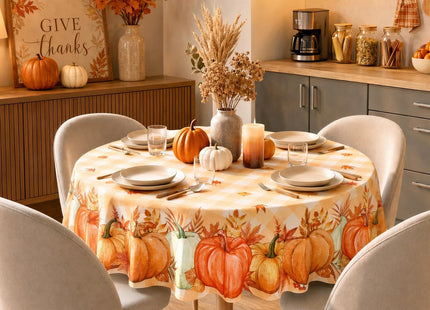 Softalker Fall Tablecloth Round, Orange Buffalo Plaid with Pumpkins