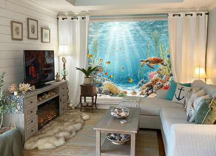 Lifeella Under the Sea Window Tapestry, Coastal Turtle Ocean Mural, Nautical Wall Backdrop for Bedroom Dorm Living Room Decor, 36x48 inches