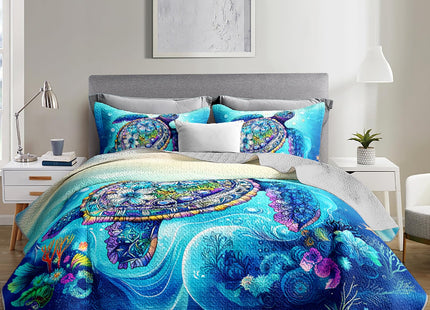 UEVBF Coastal Bedding Quilt Sets Queen Size,Summer Blue Sea Turtles Water Plants Nautical Bedding Quilt with 2 Pillowcases,Beach Themed Soft Lightweight Bedspread Coverlet.