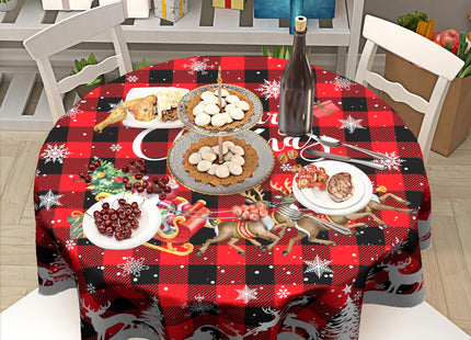 Granbey Christmas Reindeer Round Table Cloth - Red Xmas Buffalo Plaid Tablecloth 60 Inch Winter Snow Snowflakes Table Cover Decorative for Christmas Holiday Kitchen Party Home