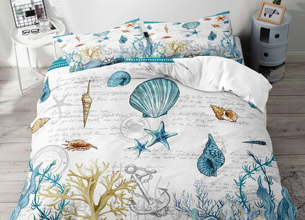 LUVIVIHOME 3PCS Nautical Coastal Bedding Set, White Duvet Cover King, Teal Blue Starfish Seashell Conch Coral Seaweed Anchor Rudder Ocean Sea Marine Summer Beach Comforter Quilt Cover, 2 Pillow Cases
