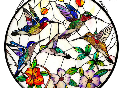 Hummingbird and Flowers Stained Glass Window Hanging - 8″ Hummingbird Suncatcher Indoor Window Hanging Decor Birds Ornaments with Chain and Hooks - Hummingbird Gifts for Women Mom Grandma Bird Lovers