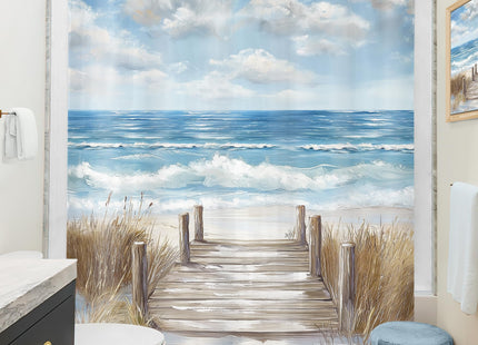 Riyidecor Beach Blue Ocean Coastal Beachy Oil Bathroom Shower Curtain Set