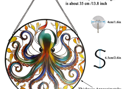 ZUSANG Octopus Stained Glass Window Hanging, 9.8’’ Sun Catcher Glass Panel Ocean Theme Wall Art Decor with Chain, Birthday Gift for Sons, Daughters, Grandson