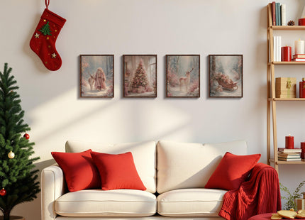 DOFQZ Pink Christmas Tree Santa Deer Wall Art Prints 8x10 Set of 4