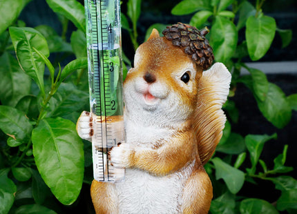 FORUP Resin Squirrel Rain Gauge, Hand Painted Squirrel Sculpture Water Gauge
