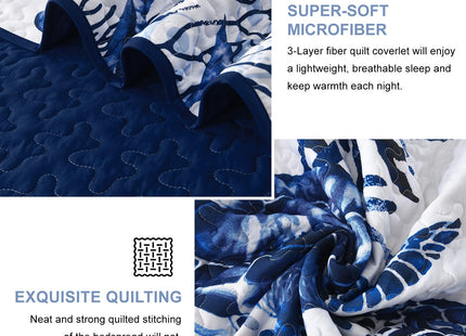 DJY Ocean Coastal Quilt Queen Size, 3 Pcs Sea Turtle Bedspread Bedding Set