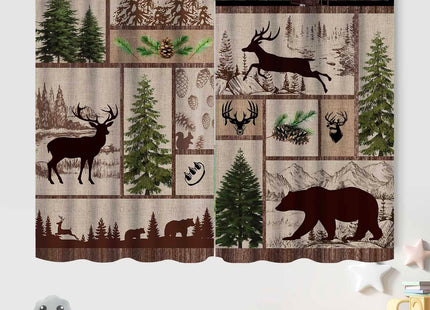 Lnepty Cabin Retro Curtains,Rustic Lodge Bear Deer Country Hunting Wild Animal Plaid Check Adventure Farmhouse Window Treatments for Bedroom Living Room Kitchen Drapes 21" W x 45" L,2 Panel Set