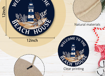 PHAMTE Coastal Beach House Round Wreath Sign, Navy Blue Nautical Lighthouse Wall Hanging Plaque Wood Sign, Welcome to the Beach House Decor Decorations for Wall Pediments Door Porch Room 12 Inch