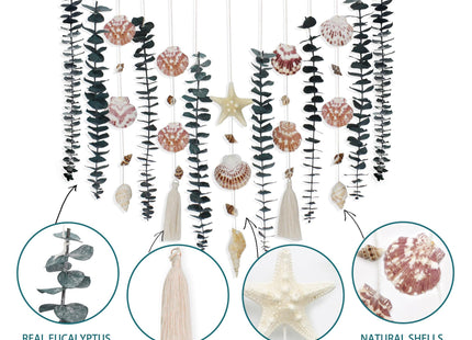 Genuine Eucalyptus Wall Decor with Natural Seashell Beach Decor Coastal Home Decorations with Fresh Eucalyptus Stems Hanging Wooden Bead Garland for Large Bedroom Bathroom Living Room 32 x 32 Inch