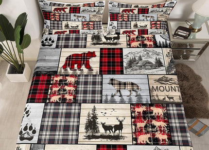 Rustic Cabin Bed Sheets Full Woodland Wolf Deer Bear Sheet Set For Kids Adults,Red Black Buffalo Plaid Bedding Wildlife Camping Lodge Mountain Fitted Sheet Southwestern Farmhouse Flat Sheet 4 Pcs
