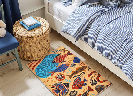 jinchan 2x3 Coastal Area Rug Washable Kids Rug Colorful Ocean Fish Mat, Tan