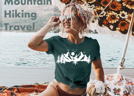 Women Skinny Pine Tree Funny Summer Mountain Graphic Shirt-S GR Green