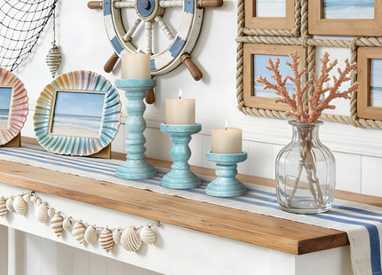 Candle Holder for Pillar Candle Set of 3, Ocean Themed Beach Decor Candle Holders, Coastal Farmhouse Nautical Rustic Decorations for Bathroom, Living Room, Dining Room and Office, Blue