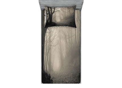 Lunarable Gothic Fitted Sheet & Pillow Sham Set, Pathway on The Gothic Forest Trees Trough Foggy Mysterious Nature Monochrome Artwork, Decorative Printed 2 Piece Bedding Decor Set, Twin, Beige Cream