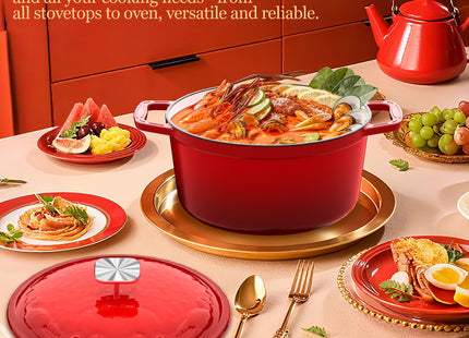 DUTZUN Enameled Cast Iron Dutch Oven - 5 Quart, Crab Lid (Patented), Oversized Knob, for Bread Baking Braiser, Cooking Stock Pot - Red