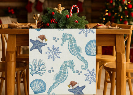 Christmas Table Runner Coastal Beachy Seahorse Starfish Table Runners Seasonal Kitchen Dining Table Decoration for Winter Home Party Banquet Decor 13x72 Inch
