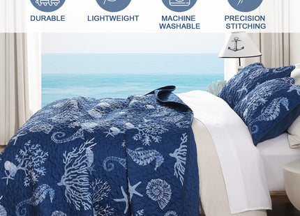 Djoymock Coastal Quilt Set Queen Size 3 Piece, Summer Beach Blue Theme Quilts with Pillowcases Microfiber Ocean Bedding Set Nautical Bedspreads Coverlet Lightweight Comforter for All Season