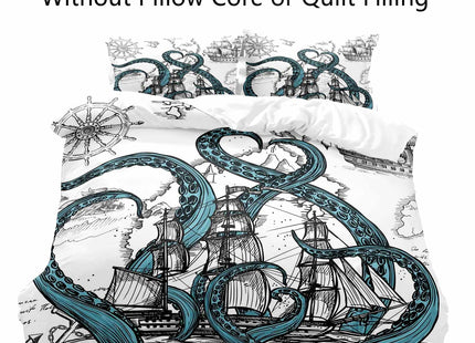 LUVIVIHOME 3PCS Octopus Duvet Cover Queen Bedding Sets, White Duvet Cover, Teal Kraken Tentacles Sailboat Anchor Rudder Coastal Ocean Marine Sea Animal Nautical Comforter Quilt Cover, 2 Pillow Cases